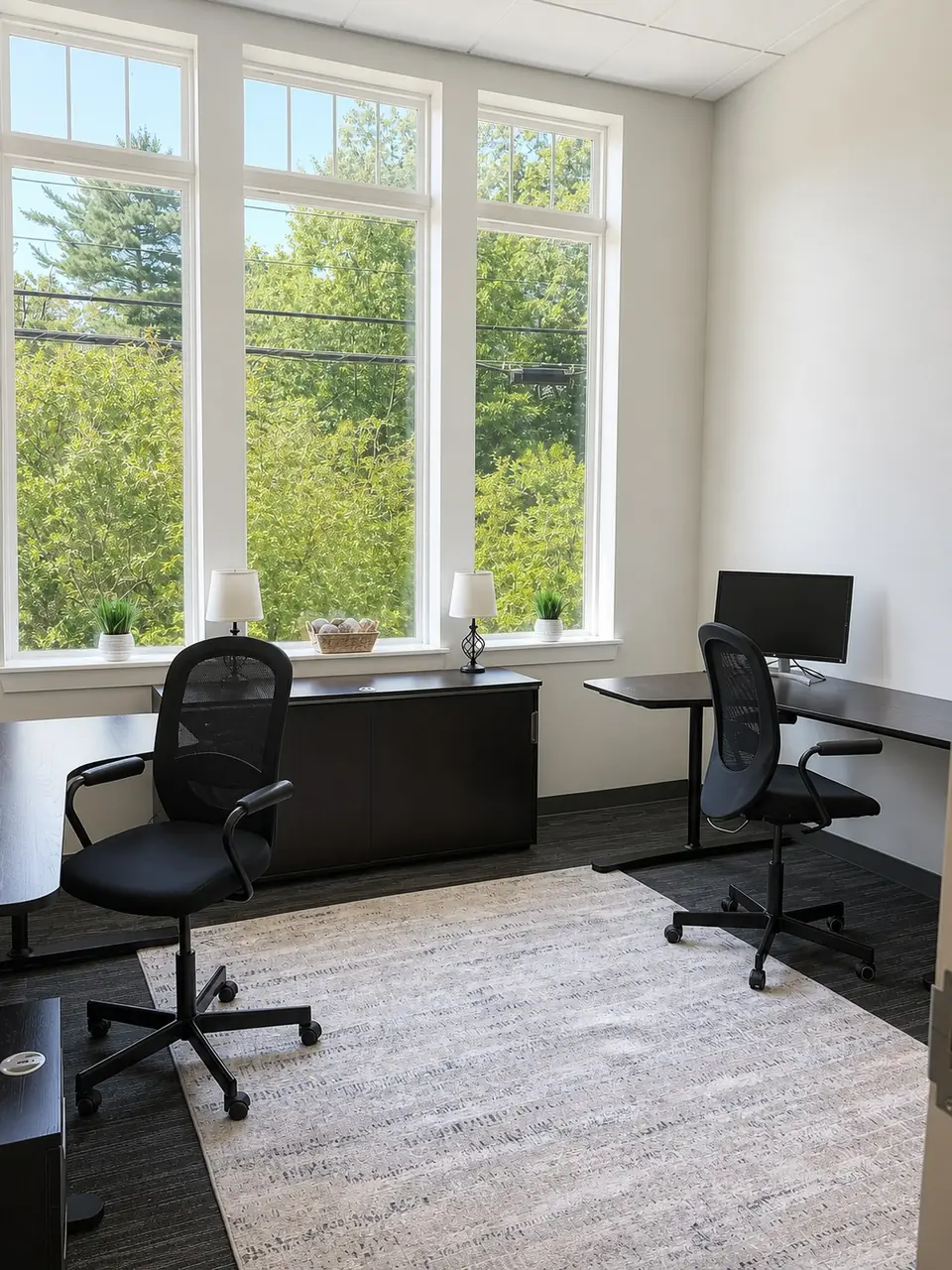 Furnished office suite with two desks, ergonomic chairs, and large windows overlooking trees at 1150 Sagamore Avenue, Portsmouth NH