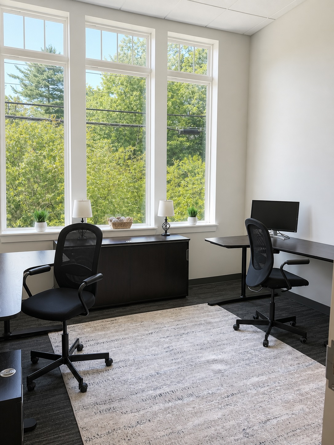 Furnished office suite with two desks, ergonomic chairs, and large windows overlooking trees at 1150 Sagamore Avenue, Portsmouth NH