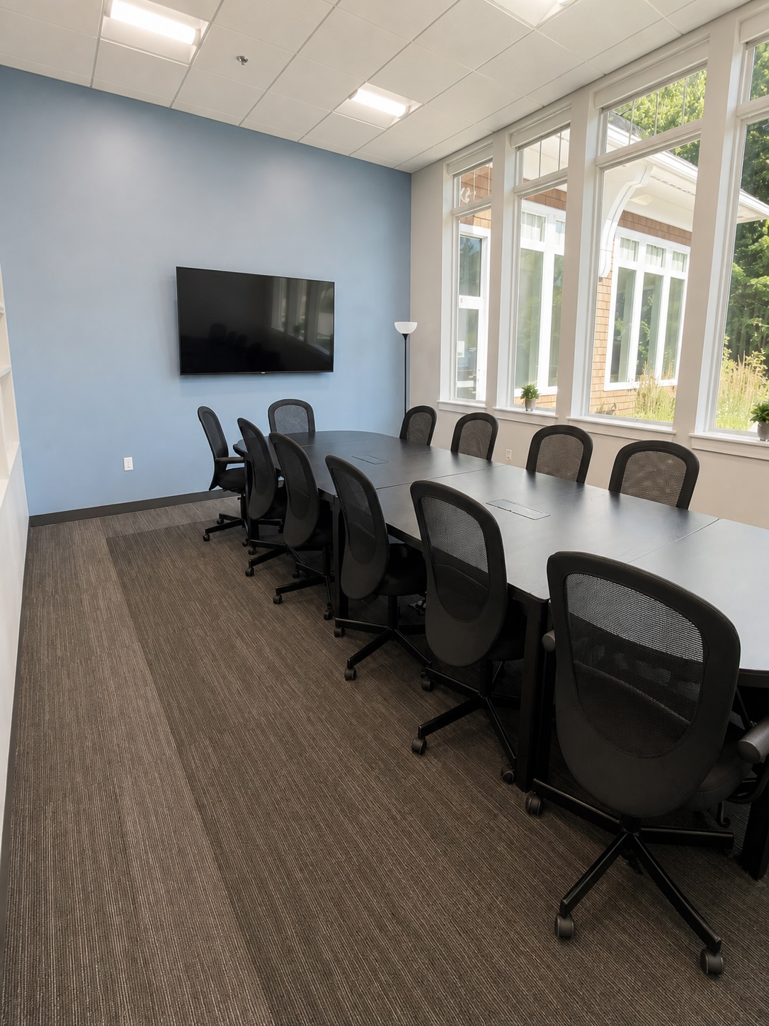 Conference room with a long black table, mesh chairs, blue accent wall, and large windows